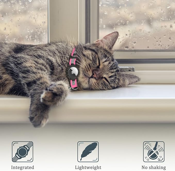 Reflective AirTag Cat Collar, Integrated Cat Tracker Collar with Air Tag Holder and Bell, Safety Elastic Band Cat GPS Collars for Girl Boy Cats, Kittens and Puppies (Hotpink,XS)