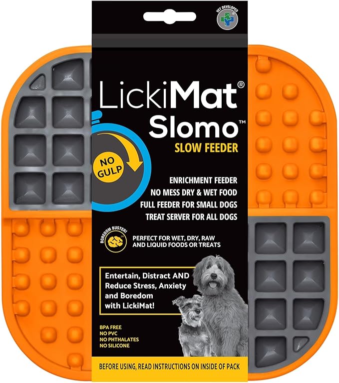 LickiMat Slomo, Dog Slow Feeders Lick Mat, Boredom Anxiety Reducer; Perfect for Food, Treats, Yogurt, or Peanut Butter. Fun Alternative to a Slow Feed Dog Bowl, Orange