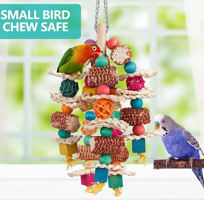lovyoCoCo Parrot Toys Bird Toys Natural Corn Cob Bird chew Toys for Small and Medium-Sized Macaws,African Grey,Cockatoos,Amazon Parrots,Parakeet,Cockatiel,Sun Conure, Lovebird with Wooden Blocks