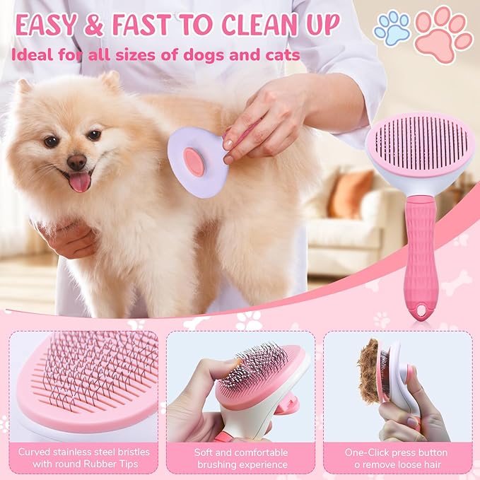Dog Brush & Grooming Kit – 9-Piece Pet Brush & Deshedding Set for Shedding, Bathing, Trimming & Nail Care | Grooming Tools for Dogs & Cats, Includes Comb, Nail Clipper, Scissors, Slicker Brush (Pink)