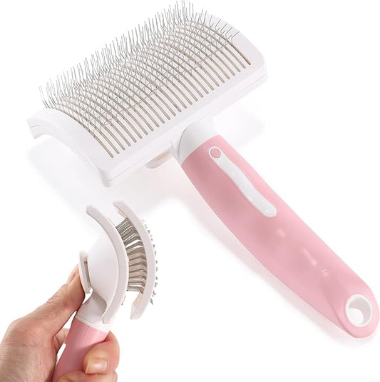 Dog Self Cleaning Slicker Brush with One Button Fur Removal Deshedding Brush for Dogs and Cats with Long Hair for Shedding Massaging Grooming Pink