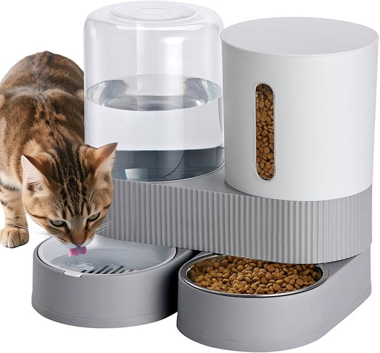 2 Pack Automatic Cat Feeder Stainless Steel Water Dispenser Gravity Food Feeder and Waterer Set with Pet Food Bowl for Small Medium Kitten Puppy Pets Large Capacity(Grey)
