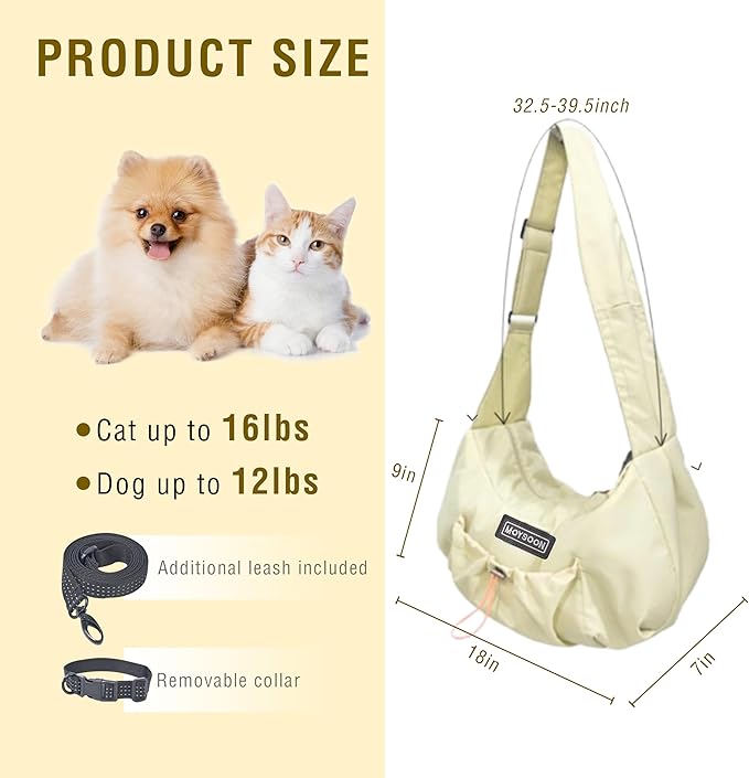 Dog Carrier Sling - Extra Wide Padded Shoulder Straps, Adjustable Hands-Free Small Dog Camier, Ergonomic Design for Travel and Daily Walks, for Small Dogs and Cats 12 lbs, (Buff)