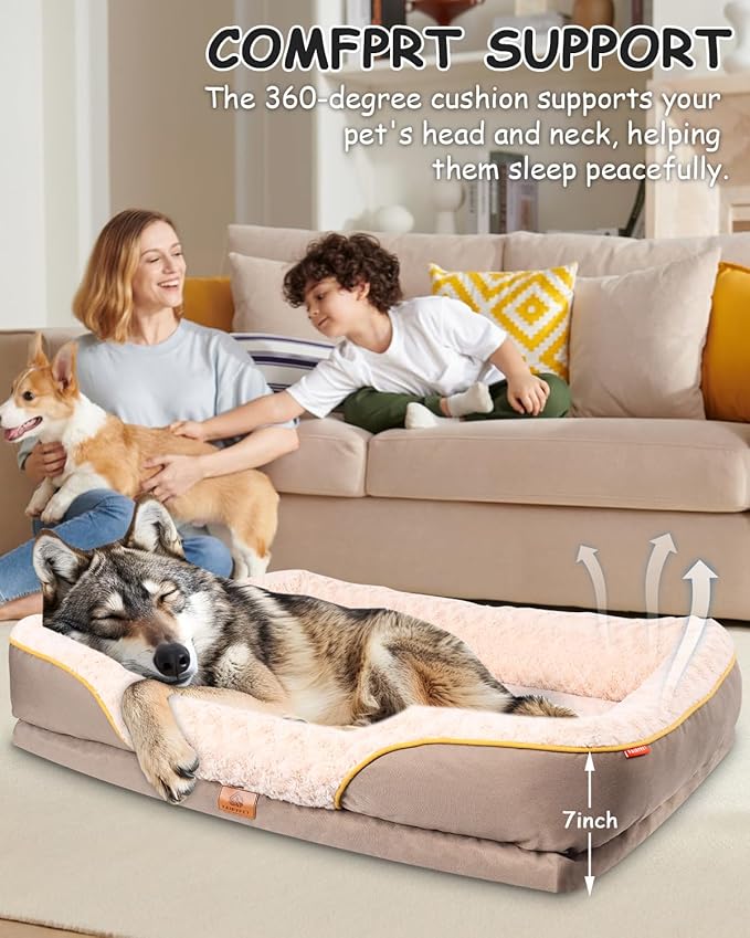 Washable Orthopedic Dog Bed for Large Dogs, Waterproof Dog Bed with Bolster, Big Couch Sofa Dogs Beds with Removable Cover & Non-Slip Bottom