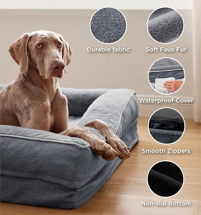 Made4Pets Orthopedic Dog Bed for Medium Large Dogs, Supportive Foam Medium Large Pet Bed Sofa with Washable Removable Cover, Waterproof Dog Couch Bed, Non-Slip Bottom and Egg-Crate Foam, Grey