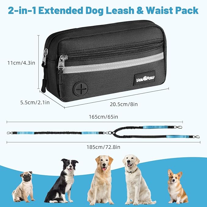 Hands Free Dog Leash, Shock Absorbing Waist Leash for Dog Walking, Jogging, Hiking, Adjustable Waist Belt with Fanny Pack & Handle, Reflective Pet Running Belt for 2 Small, Medium, Large Dogs