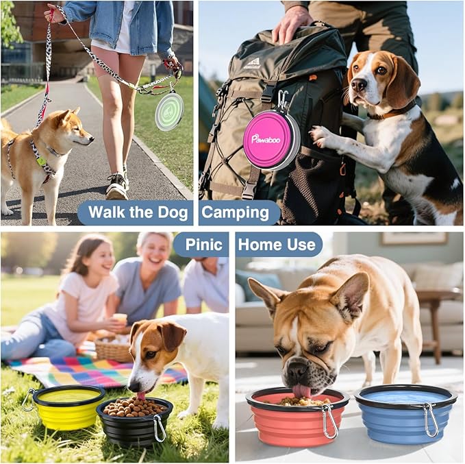 Pawaboo Collapsible Dog Bowls 2 Pack, Silicone Feeding Watering Bowls with Lids & Carabiners for Dogs Cats, Portable Water Feeder Food Bowl for Walking Traveling Home Use, Blue + Grey