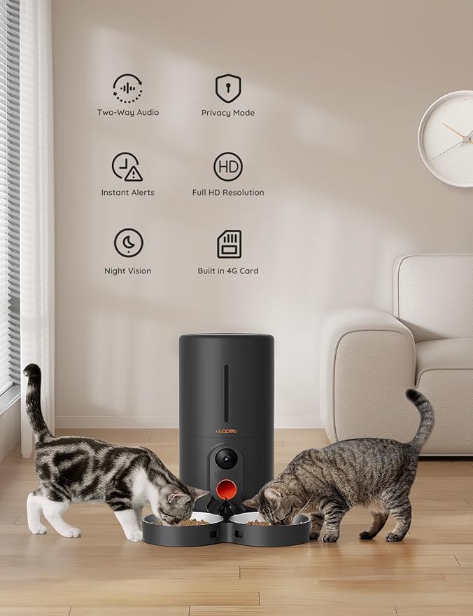 WOPET Automatic Cat Feeder with Camera for Two Cats, 6L Automatic Dog Feeder with HD Video and Night Vision, 5G/2.4G WiFi Pet Feeder for Cats & Dogs, SD Card Storage & 2-Way Audio