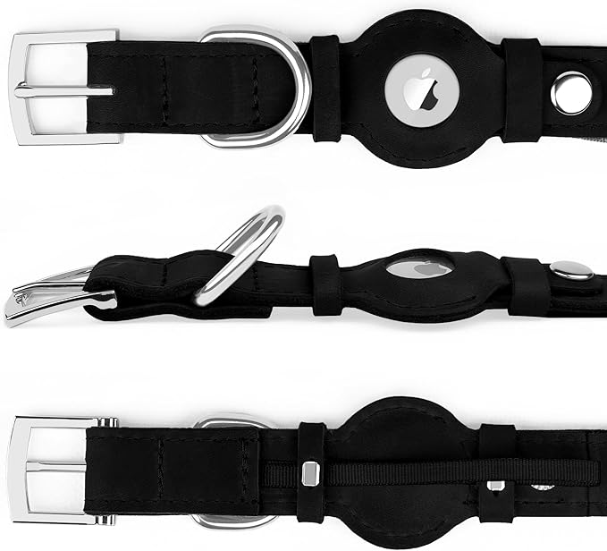 Leather Dog Collar with Airtag Holder - Apple AirTag Dog Collars - Soft Tracking Smart GPS Pet Collar for Small Medium Large Dogs Puppy (Black, M, 12"-15" Neck Fit)
