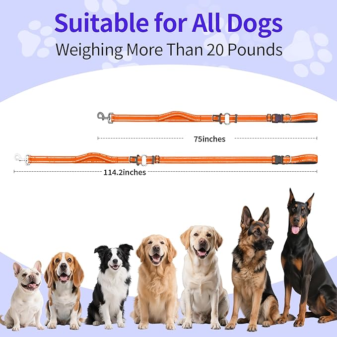 Hands-Free Dog Leash with Adjustable Length 6-9FT + Dual Padded Handles Reflective Safety for Walking, Jogging & Training | Suitable for Medium to Large Dogs & Puppies Orange-L