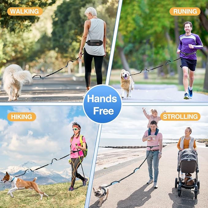 Kytely Hands Free Dog Leash with Zipper Pouch, Wide Padded Waist Dog Running Leash for Medium and Large Dogs, Dual Padded Handles, Retractable Bungee for Walking Jogging Training Hiking