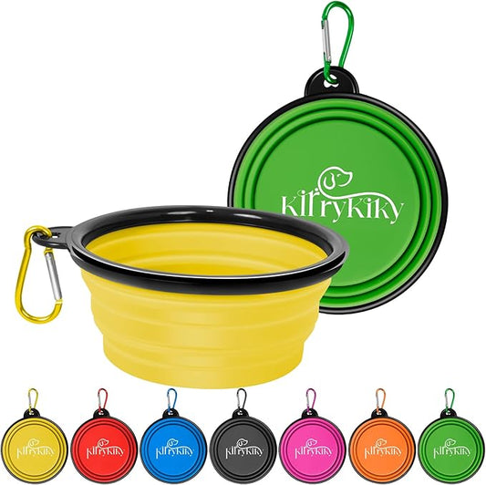 Collapsible Dog Bowls Medium, 2 Pack 22oz Portable Travel Dog Bowls, Foldable Water Bowl for Dogs Cats, Pet Feeding Watering Dish with Carabiner, Food Grade Silicone BPA Free(Yellow+Green, M)