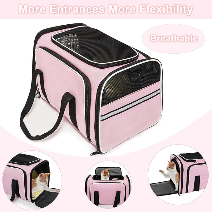Cat Carrier Airline Approved Pet Carrier, Expandable Foldable Soft-Sided Dog Carrier, 3 Open Doors, 2 Reflective Tapes, Pet Travel Bag Safe and Easy for Cats and Dogs(Pink)
