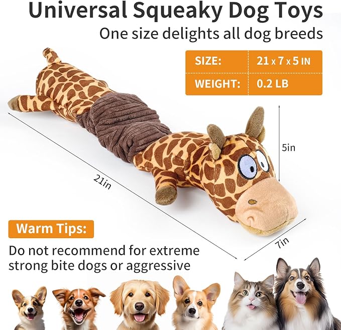 3-in-1 Squeaky Dog Toy for Chewer (Squeaker, Crinkle Paper & Elastic Band), Durable Interactive Puppy Plush Stuffed Chew Toy for Boredom, Tug of-War, for Small Medium Large Breed (Giraffe)