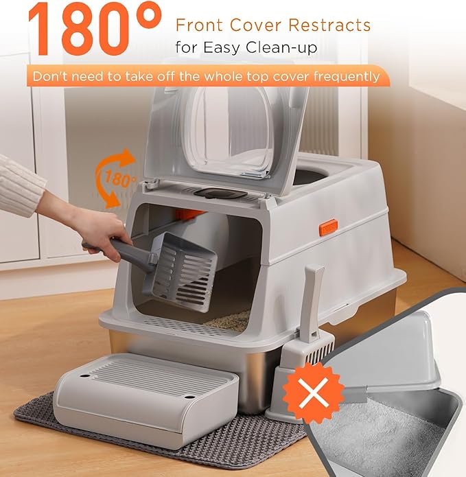 Citylife Stainless Steel Cat Litter Box with Lid, Front & Top Entry Extra Large Metal Kitty Litter Box Enclosure with Scoop & Double Layer Mat, Anti-Leakage, Non-Sticky, Light Grey