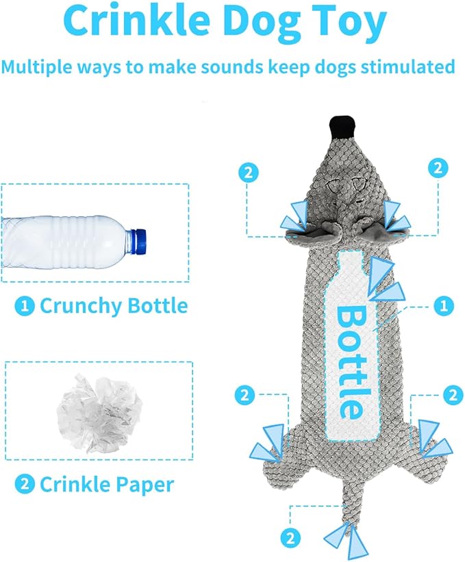 Dog Toys, Squeaky Plush No Stuffing Crinkle Dog Toy for Small Medium Large Dogs, Interactive Puppy Teething Water Bottle Dog Chew Toy