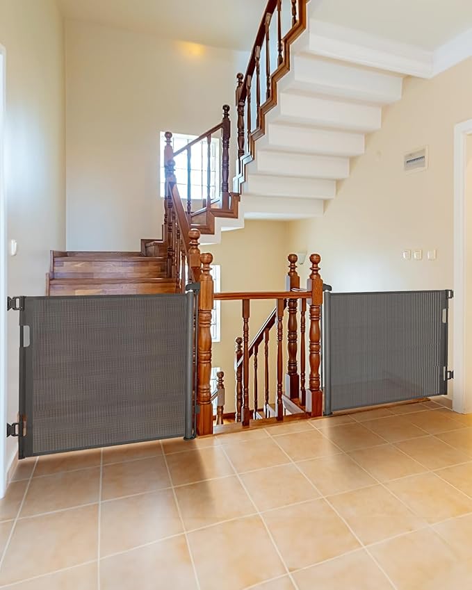 (2 Pack) Retractable Baby Gate for Doorways and Stairs, Mesh Safety Gate for Pet, Indoor & Outdoor Use, One-Hand Operation, Easy Installation, 33.6" Tall, Expands to 55" Wide(Grey,33.6"x55")