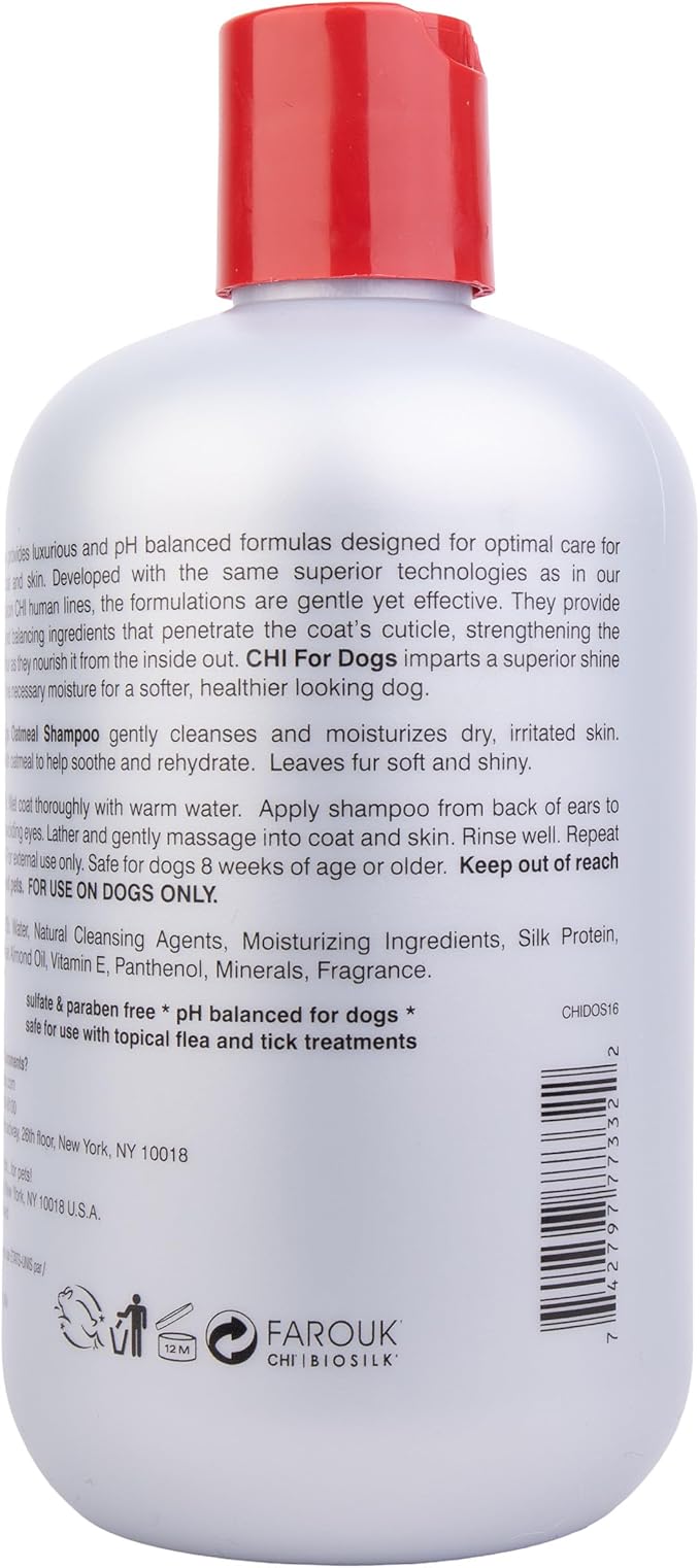 CHI for Dogs Oatmeal Shampoo - Best Dog Wash for Dry Skin and Itch Relief - Gentle Formula with Soothing Ingredients - Sulfate and Paraben Free - pH Balanced - Made in USA, 16 Fl Oz