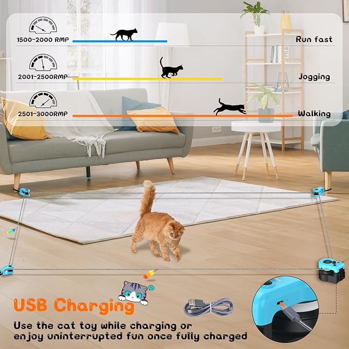 Interactive Cat Toy for Indoor - Automatic Cat Treadmill with Remote Control, 3 Speeds, Quiet Motor & Durable Design | Indoor Chase Hunting Feather Toys for Fitness, Playtime & Energy Release (Blue)