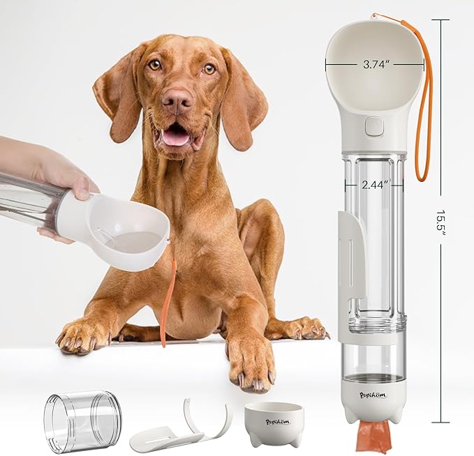 PUPIHOM17OZ 3 in 1 Portable Dog Water Bottle, Outdoor Dog Water Dispenser with Poop Bag, Pet Travel Water Bottle Dispenser with Drinking Feeder and Food Container for Dogs Walk Travel, Length 15.55"
