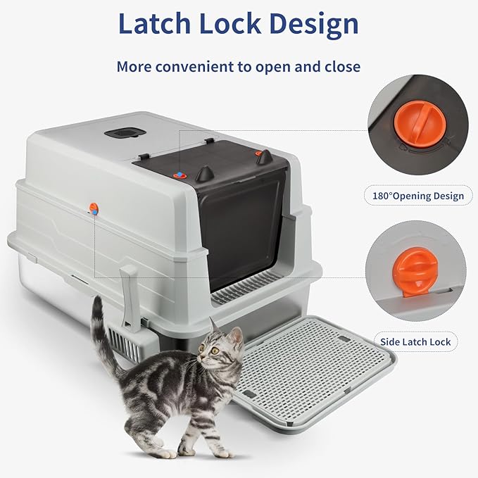 XXXL Stainless Steel Litter Box with Lid, Extra Large 28" L x 20" W x 17" H Enclosed Metal Cat Litter Box with Litter Scoop & Foot Pedal, Odor Control, Easy Cleaning for Big Cats (Light Grey)