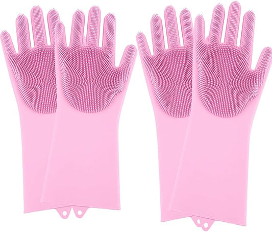 2 pairs Silicone Dishwashing & Pet Grooming Gloves - 2-in-1 Heat Resistant Gloves with High-Density Teeth, Enhanced Five Finger Design for Bathing, Cleaning Dishes, Cars, Dogs & Cats (Pink)
