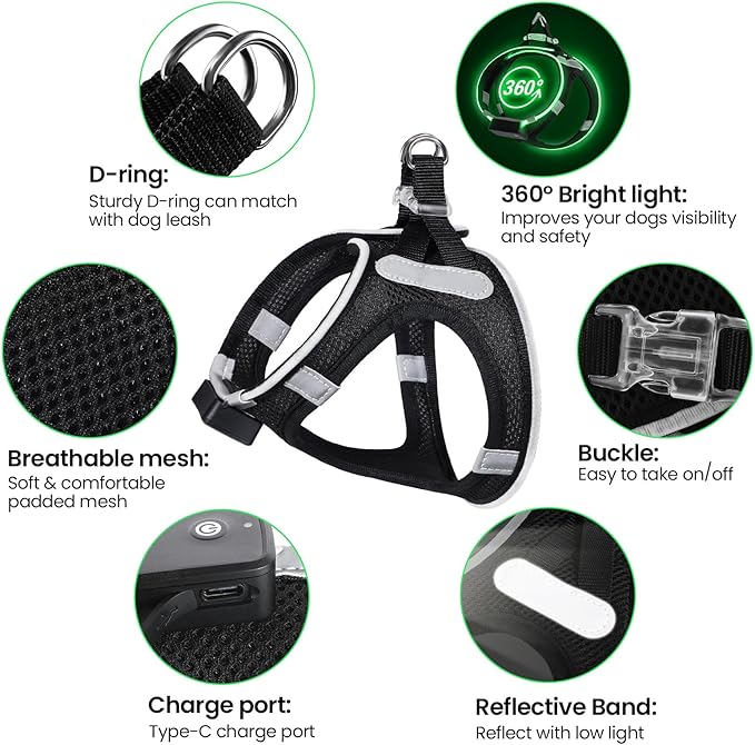 PceoTllar Light Up Dog Harness, LED No Pull Reflective Dog Harness, Flashing Lighted for Night Walking - Small/Medium, (Black Green,m)