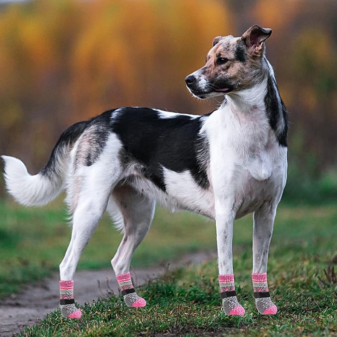 KOOLTAIL Dog Socks to Prevent Licking Paws for Hardwood Floors Anti Slip, Winter Warm Pet Boots&Paw Protector with Grippers, Double Sides Dog Shoes Booties for Small Medium Large Senior Dogs Pink L