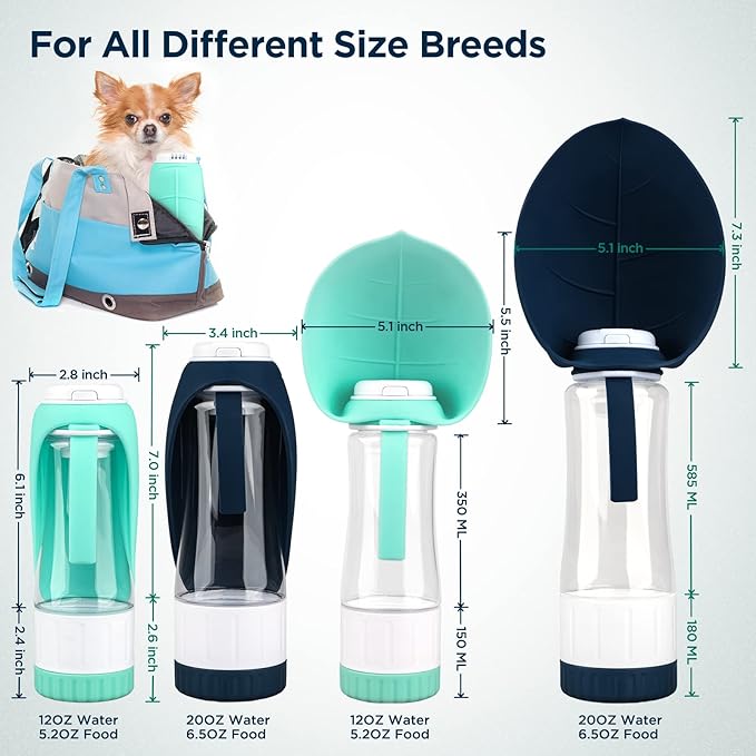 Dog Water Bottle, Portable Pet Water Bottle with Food Container and Drinking Feeder, Leak Proof, BPA-Free, Foldable Puppy Water Cup Dispenser for Outdoor Walking, Travel, Hiking 12OZ