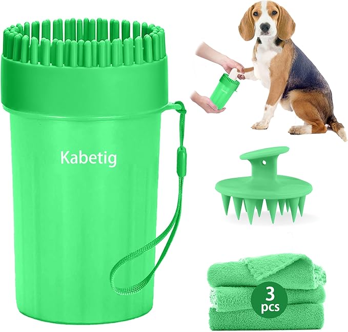 Dog Paw Cleaner for Meduim/Small Breed Dogs with 3Pcs Absorbent Towels & Graspable Dog Bath Brush (Green, Medium)