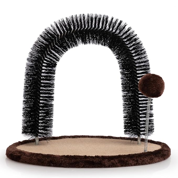 Hollypet Cat Hair Brush Toy with Sturdy Scratcher Pad, Arch Groomer Massager, Self Grooming Massaging for Indoor Kitten and Small Dog, Gray