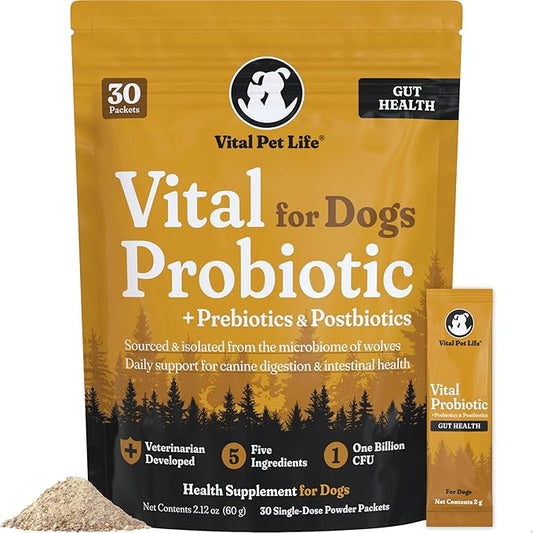 Vital Probiotics for Dogs - Wolf Microbiome, Daily Digestive Health, Dog Probiotics for Digestive Health, Powder Probiotic Supplement, Prebiotics & Postbiotics, Veterinarian Developed, 30 Packets