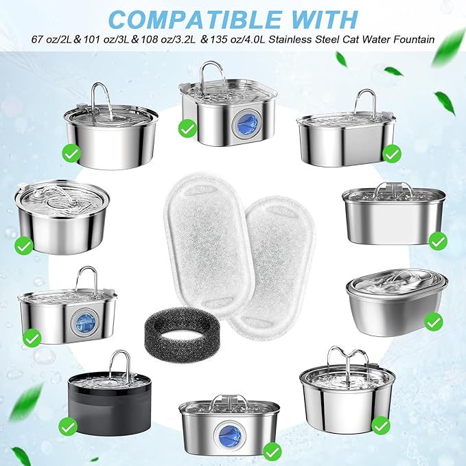 Cat Water Fountain Filter Replacement, 12 Pcs Cat Filters Pet Water Fountain Filters with 12 Pcs Sponges Foam for 67oz/2L & 108oz/3.2L Stainless Steel Automatic Cat Water Fountain Dispenser Filters
