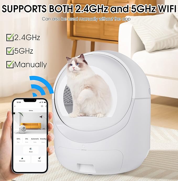 Automatic Litter Box Cleaning - Supports WiFi (2.4ghz) and App - No Need for Manual Cleaning, Reduces Litter Spillage, Super Deodorizing Feature with Bentonite and Xiaomi Cat Litter-White