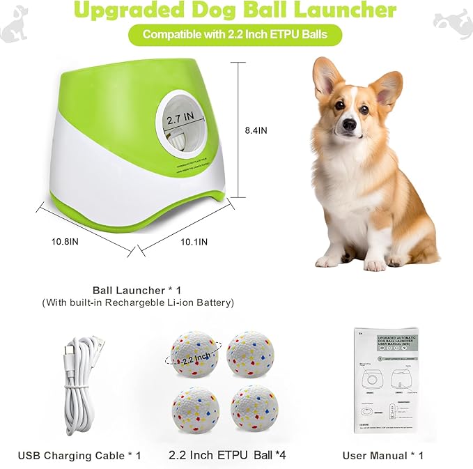 Automatic Dog Ball Launcher for Samll to Medium Dogs, Upgraded Interactive Toy Balls Thrower, Mental Stimulating Dog Toys with 4 Durable Etpu Balls 2.2 Inch (Light Green)