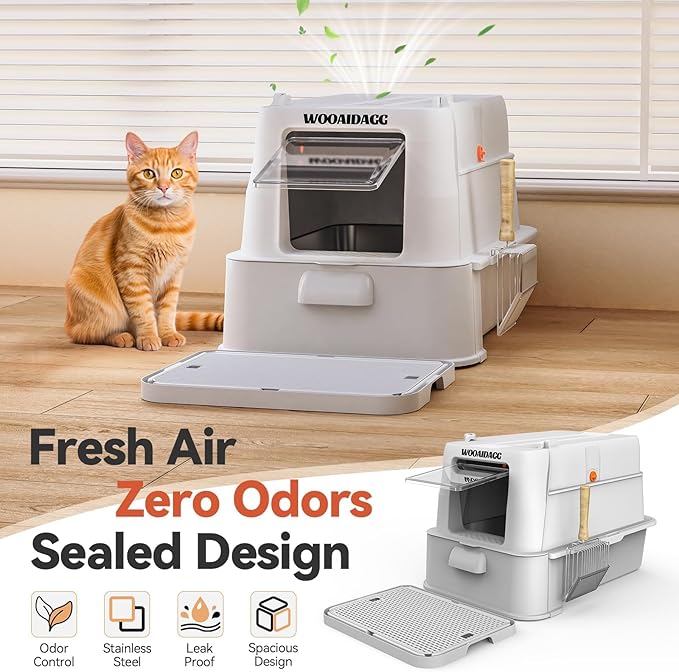 Enclosed Stainless Steel Cat Litter Box with Odor Control, Modular Design with Drawer and Flip Door, Easy to Clean and Wash,Non-Stick Interior,Extra Large Size Fits All Cats(Light Grey)