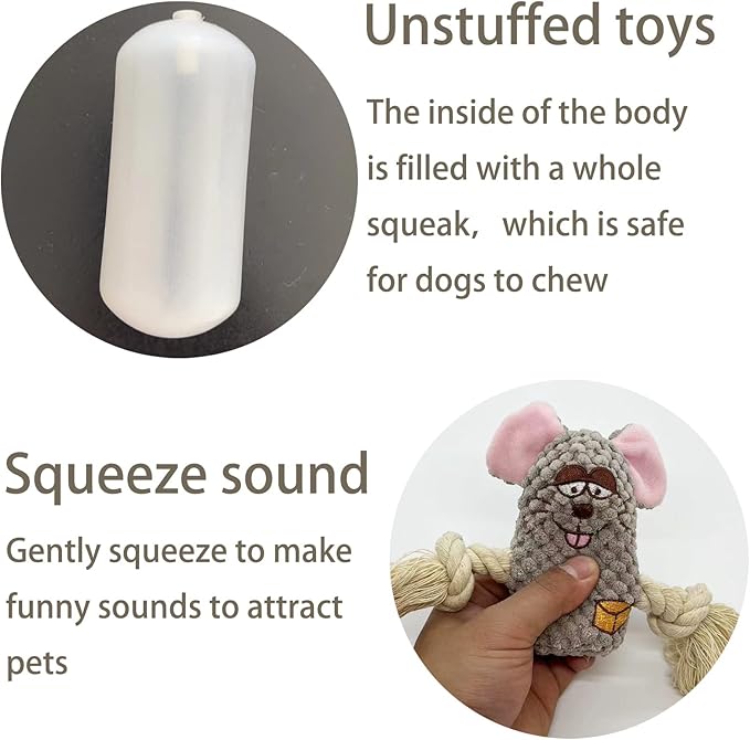 Cute Animal Squeak Dog Toys, No Stuffing Plush Toys, Durable Cotton Rope Chew Toys for Puppy and Small, Medium Dogs, 6 Pack