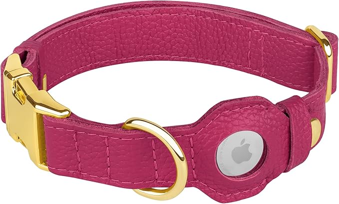 Leather Airtag Dog Collar - Soft Tracking Dog Collar with Apple AirTag Holder and Metal Buckle - Safety GPS Pet Collars for Small Medium Large Dogs Puppy Pink Red (Pink, XS, 9"-12" Neck Fit)