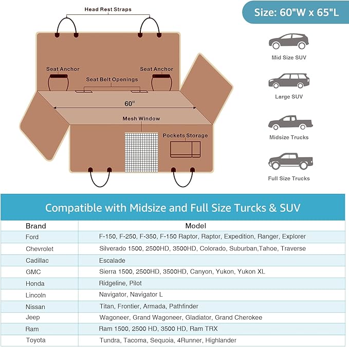 Lassie XL Truck Dog Seat Cover Back Seat, Dog Car Hammock for Large SUV and Trucks Compatible with F150 F250/Chevrolet Silverado/Ram Pickup/GMC Sierra/Toyota Tundra and Crew Cab