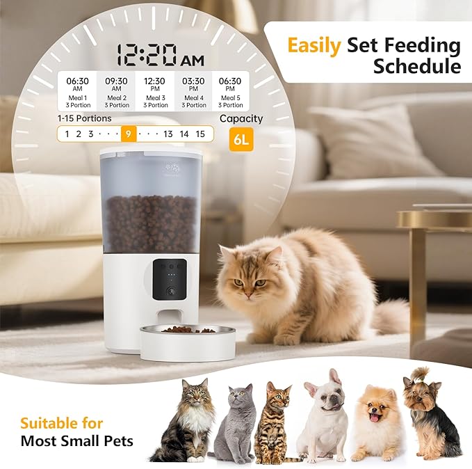 Automatic Cat Feeder with 1080P Camera, Two-Way Audio, APP Timed Auto Control Meals, 6L Dry Food Dispenser, 2.4G / 5G WiFi