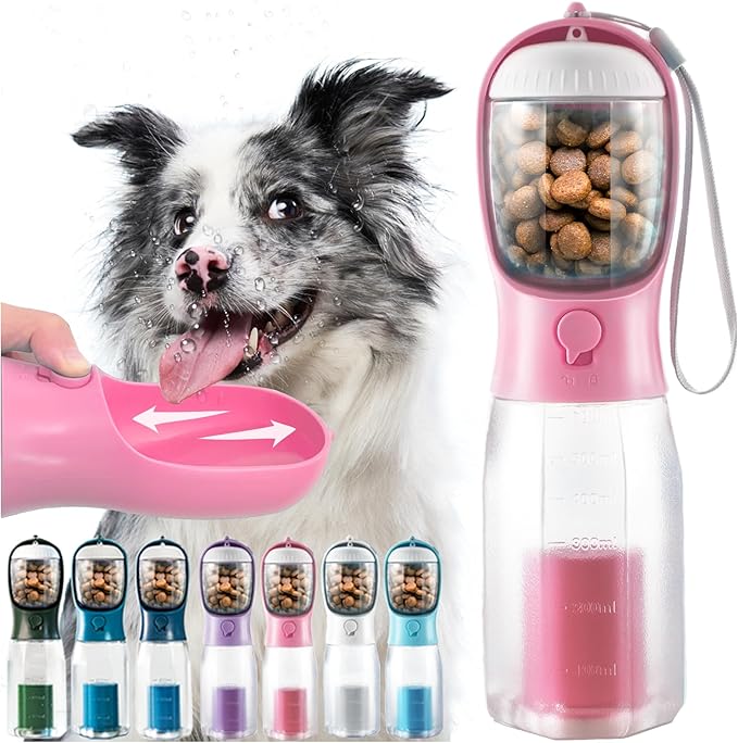 Portable Water Bottle for Dogs, 3 in 1 Pet Travel Bowl Dispenser with Food Treat Container & Poop Bag Holder, Summer Outdoor Walking Hiking Accessories for Large Dog On The Go - Pink, 20oz