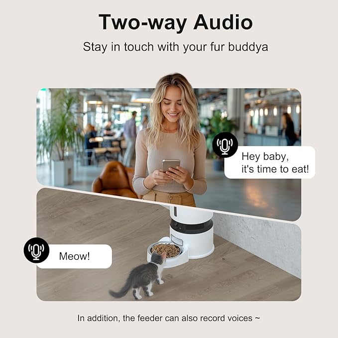 Automatic Cat Feeder with 2 Cameras 1080P HD with Night Vision Pet Food Dispenser Two-Way Voice and Audio Dog Smart WiFi Dog & Cat Feeder Programmable Schedule Slow Bowl White