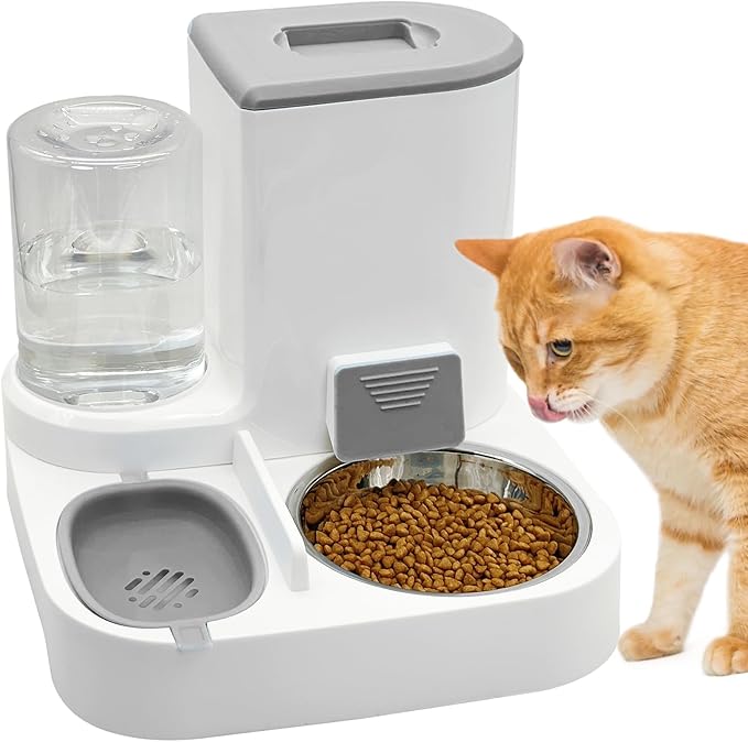 Fhiny Gravity Cat Feeder and Water Dispenser, 2 in 1 Automatic Pet Waterer Detachable Stainless Steel Food Bowls Set Pet Food Storage for Small Dog Puppy Cat Kitten Pet Easy Clean (Grey)