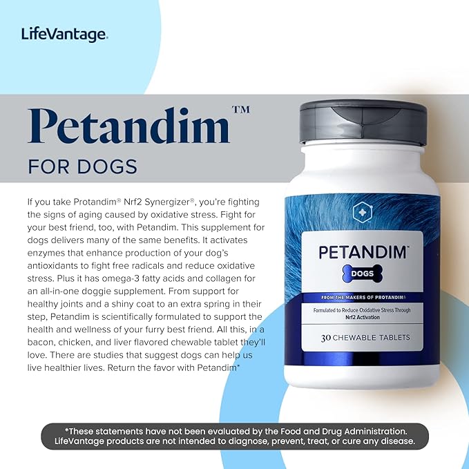 Petandim Dog Vitamins (30 Chewable Tablets), Antioxidants Reduce Oxidative Stress, Joint Supplement for Dogs, Skin and Coat Supplement, Omega-3 & Collagen for Dogs, Chicken + Bacon Flavor
