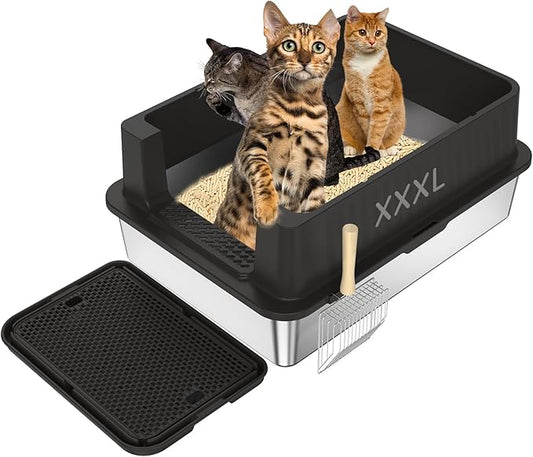 Stainless Steel Litter Box - 28" Extra Large XXXL Cat Litter Box with High Sides, Non-Sticky & Anti-Leakage for Big Cats/Multiple Cats, Includes Heavy Duty Metal Scoop (Black)