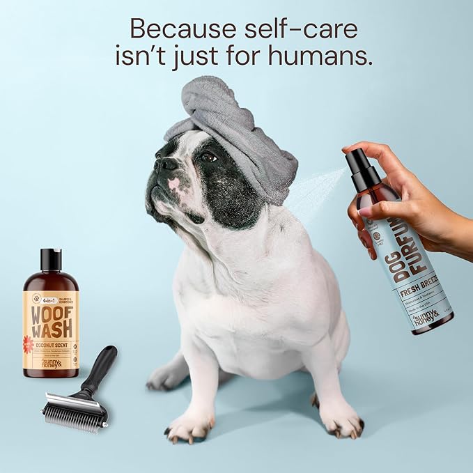 Sunny & Honey Professional Dog Shampoo Bundle - 16 oz Coconut Shampoo & 8 oz Breeze Perfume - 4-in-1 Cleanse & Condition - Includes Deshedding Brush, Microfiber Towel & Deodorizing Cologne Spray