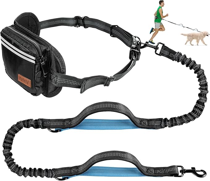 Kytely Hands Free Dog Leash with Zipper Pouch, Wide Padded Waist Dog Running Leash for Medium and Large Dogs, Dual Padded Handles, Retractable Bungee for Walking Jogging Training Hiking
