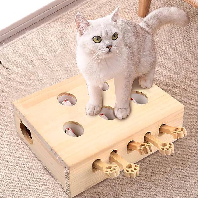 Interactive Wooden Cat Toy, Solid Wood Toys for Indoor Cats Kitten Catch Mice Game, Cat Scratcher and Toy, Cat Interactive Toys, Cat Toy for All Ages Cats