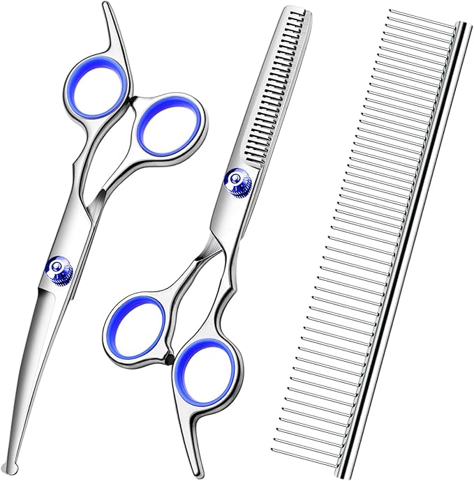 Professional Dog Grooming Scissors Kit, Titanium Coated Dog Scissors for Grooming, Grooming Shears Kit - Thinning, Curved Scissors and Comb for Dog Cat Pet (Blue 4 in 1)