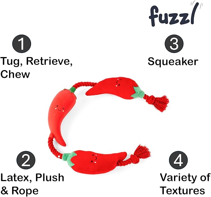 Tugga Chilis Dog Toy 75cm - Rope Latex and Plush Dog and Puppy Throw Fetch and Tug with Squeaker